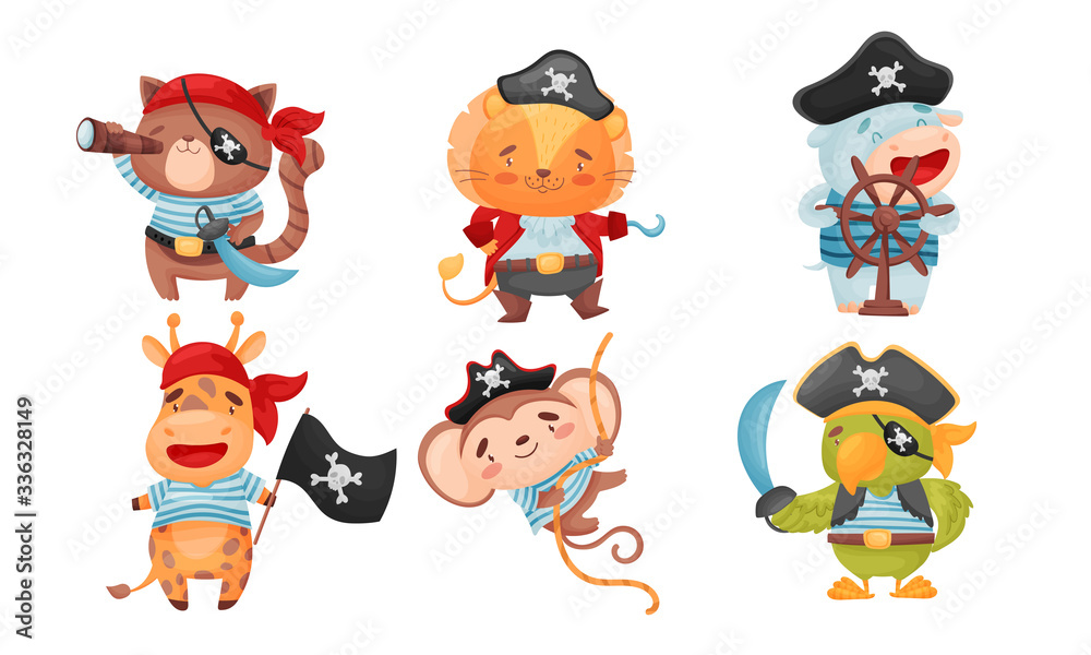 Animals Pirates with Bandana and Eye Patch Vector Set Stock Vector | Adobe  Stock