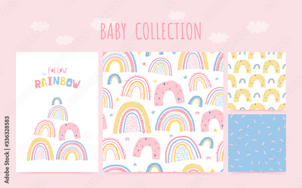 Cute baby collection seamless pattern with rainbow and lettering poster Follow the rainbow. Background in hand drawn style for children's room design, poster, wallpaper, textile. Vector illustration Cute baby collection seamless pattern with rainbow and lettering poster Follow the rainbow. Background in hand drawn style for children's room design, poster, wallpaper, textile. Vector illustration