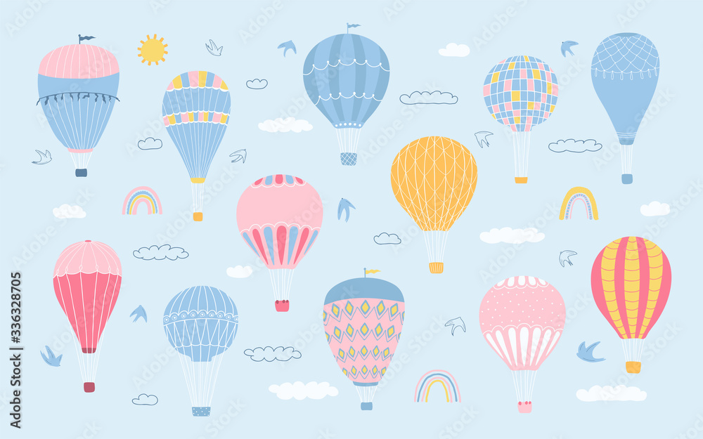 Fototapeta Cute collection various of romantic air balloons, clouds, birds, rainbow in pastel colors. Set of icons for children's room design, textiles, invitations, greeting cards. Vector illustration