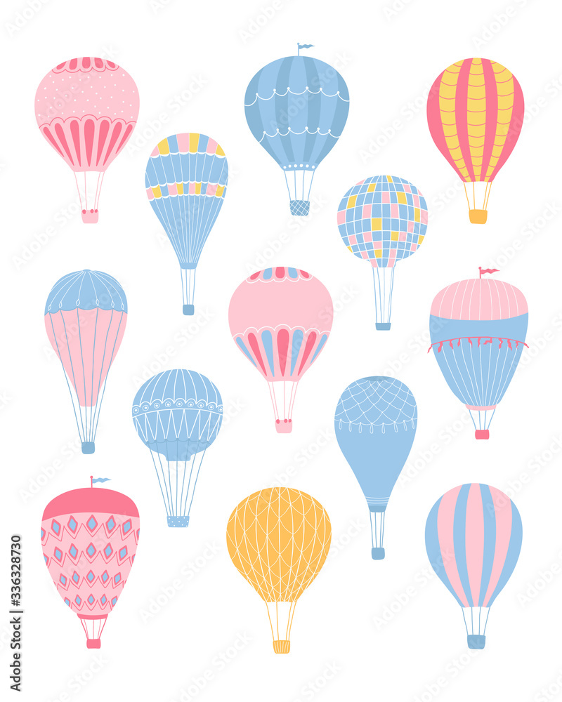 Cute collection various of romantic air balloons in pastel colors isolated on a white background. Set of icons for children's room design, textiles, invitations, greeting cards. Vector illustration