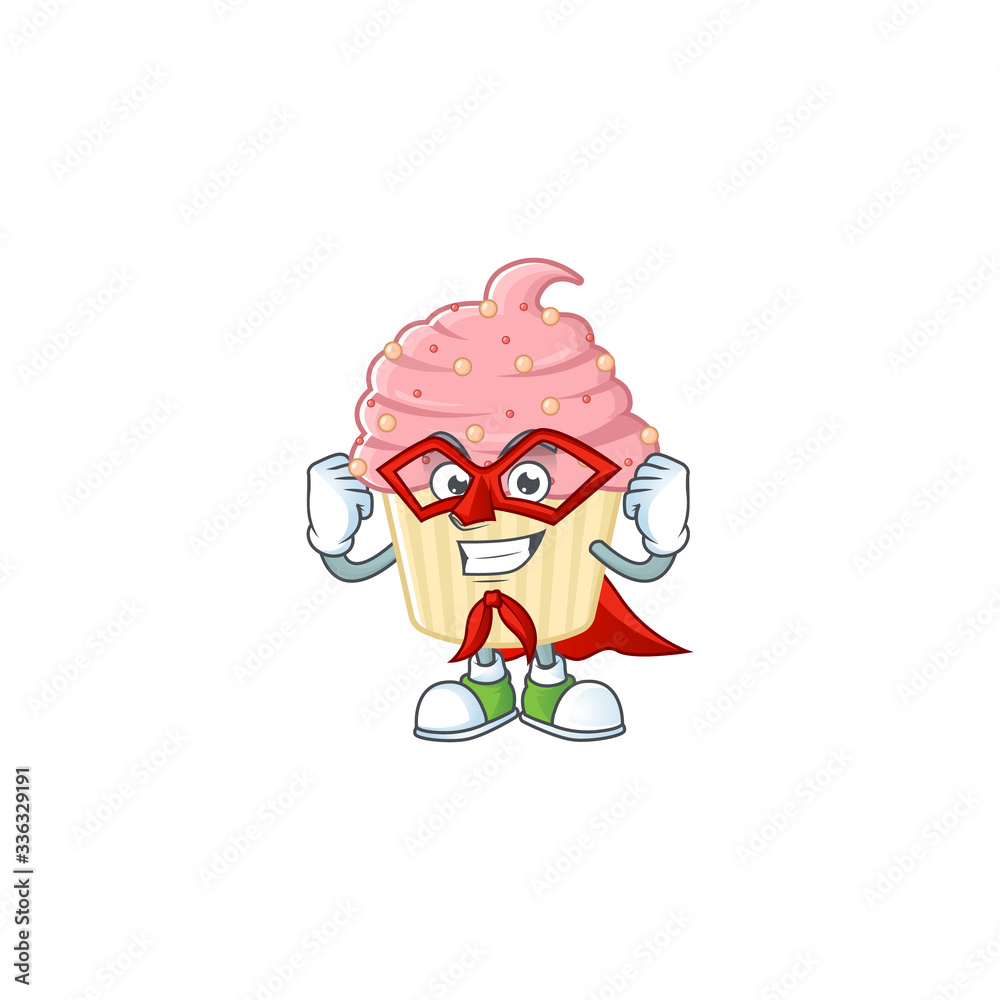 Obraz premium Strawberry cupcake cartoon design concept dressed as Super hero