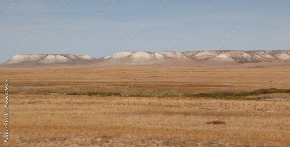 dry steppe, white hills on the horizon with white clay