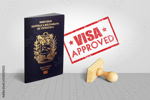 Venezuela Passport with Visa Approved Wooden Stamp for Travel - 3D Illustration