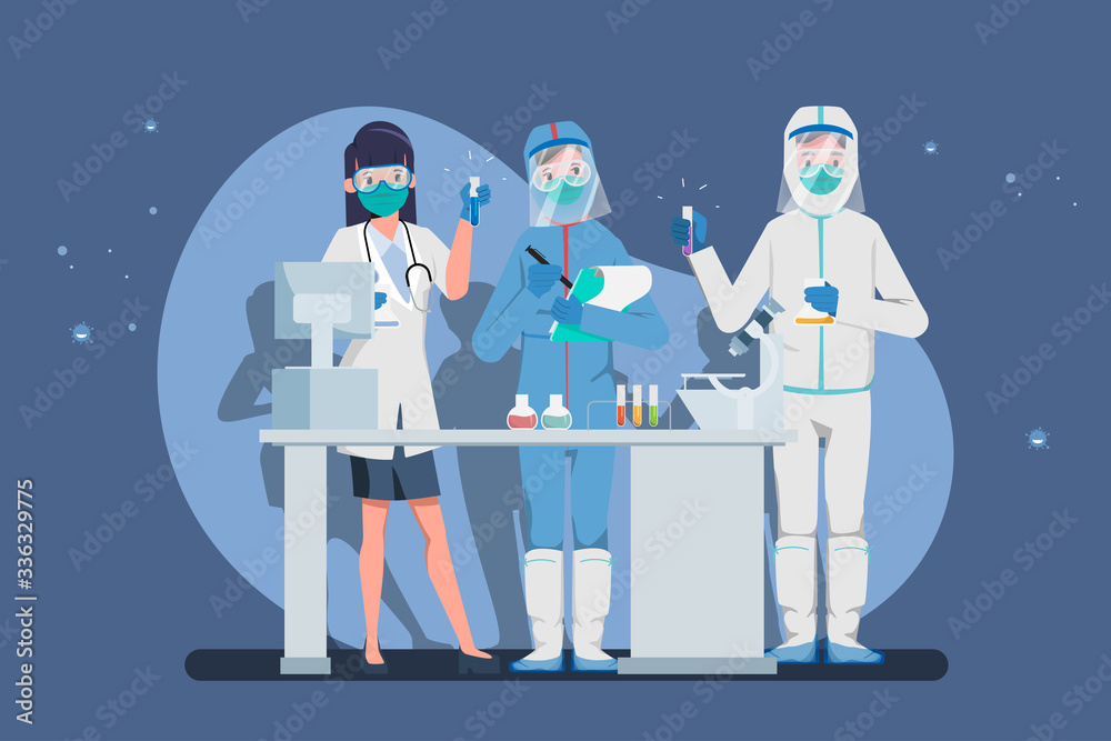 Professor, doctor, scientist and science technician doing research and analysis in medical science laboratory. Vector illustration of flat design people characters.