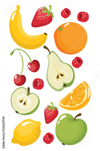 Funny fruits banana, orange, strawberry, apple, pear, lemon, cherry, raspberries. Juicy food