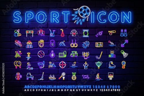 Sports collection of neon style icons. Sports set of neon signs. Isolated icons for sports, football, basketball, tennis, baseball, and other sports. Vector illustration