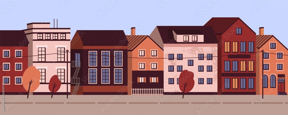 Colorful cityscape with modern residential buildings. Suburban area horizontal panoramic banner. Urban street landscape with living houses facades. Vector illustration in flat cartoon style