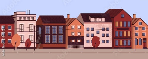 Colorful cityscape with modern residential buildings. Suburban area horizontal panoramic banner. Urban street landscape with living houses facades. Vector illustration in flat cartoon style