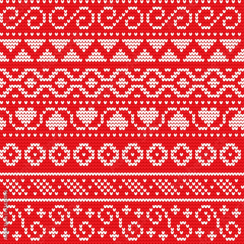 Festive Sweater Fairisle Design. Red Seamless Knitted Pattern. Fair isle seamless pattern. Vintage sweater ornament. Christmas knitted ornament set. Woolen cloth, handmade.