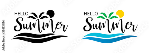 Hello summer set. Sea palm summer of banner. Hello summer hand lettering inspirational typography poster or banner. Vector