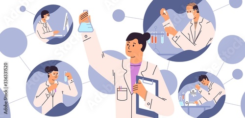 Chemical laboratory research. Vaccine discovery concept. Scientists with flasks, microscope and computer working on antiviral treatment development. Vector illustration in flat cartoon style