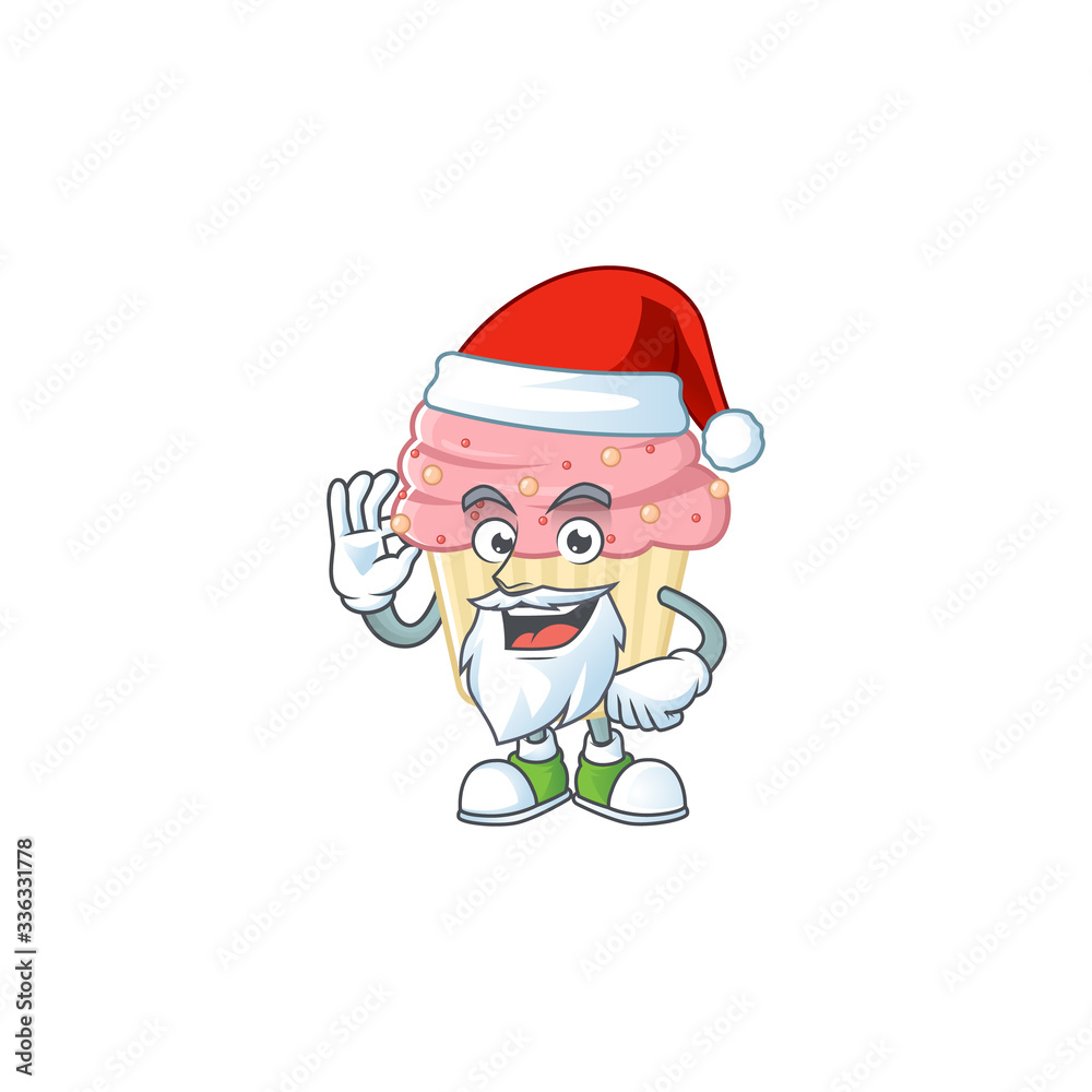 Friendly strawberry cupcake Santa cartoon character design with ok finger Friendly strawberry cupcake Santa cartoon character design with ok finger