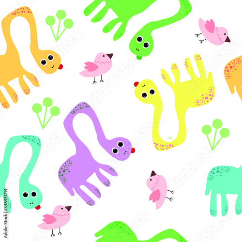 Seamless pattern of cute color dinosaurs with little birds. Vector illustration for children design. © ERMOSA