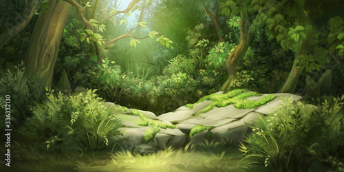 Deep Forest. Fantasy Backdrop. Concept Art. Realistic Illustration. Video Game Digital CG Artwork Background. Nature Scenery.
