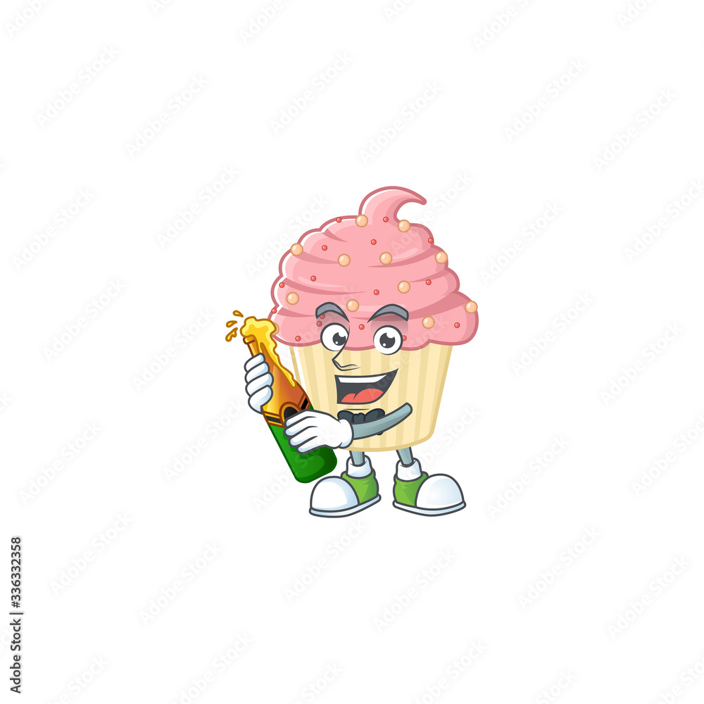 Mascot cartoon design of strawberry cupcake making toast with a bottle of beer
