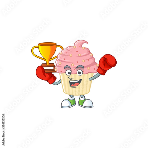 Proudly face of boxing winner strawberry cupcake presented in cartoon character design
