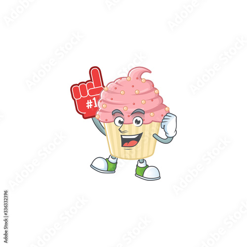 Cartoon character concept of strawberry cupcake holding red foam finger