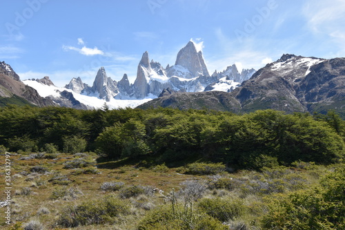 Hiking Trail to the Laguna de Los Tres in National Park in El Chalten, Argentina, Patagonia with snow covered Fitz Roy Mountain in background