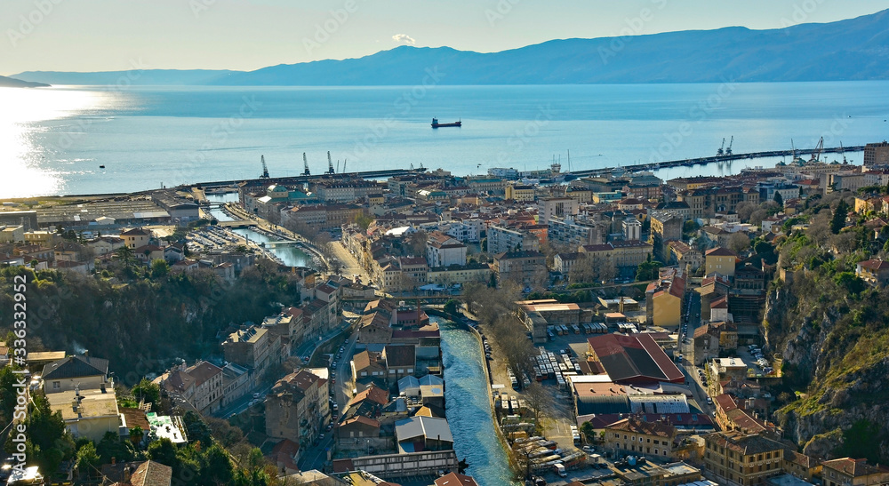 The waterfront harbour area of Rijeka in the Primorje-Gorski Kotar county of Croatia taken from Trsat castle