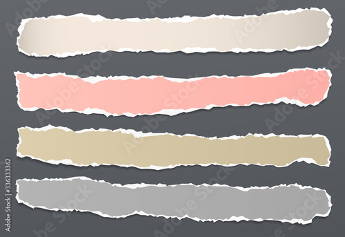 Pieces of torn and colorful horizontal paper with soft shadow stuck on black background. Vector illustration