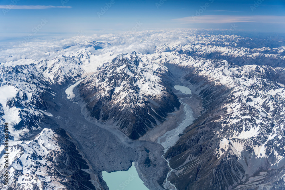 Fototapeta premium Tasman and Murchinson valleys around Malte Brun range, from south west, New Zealand