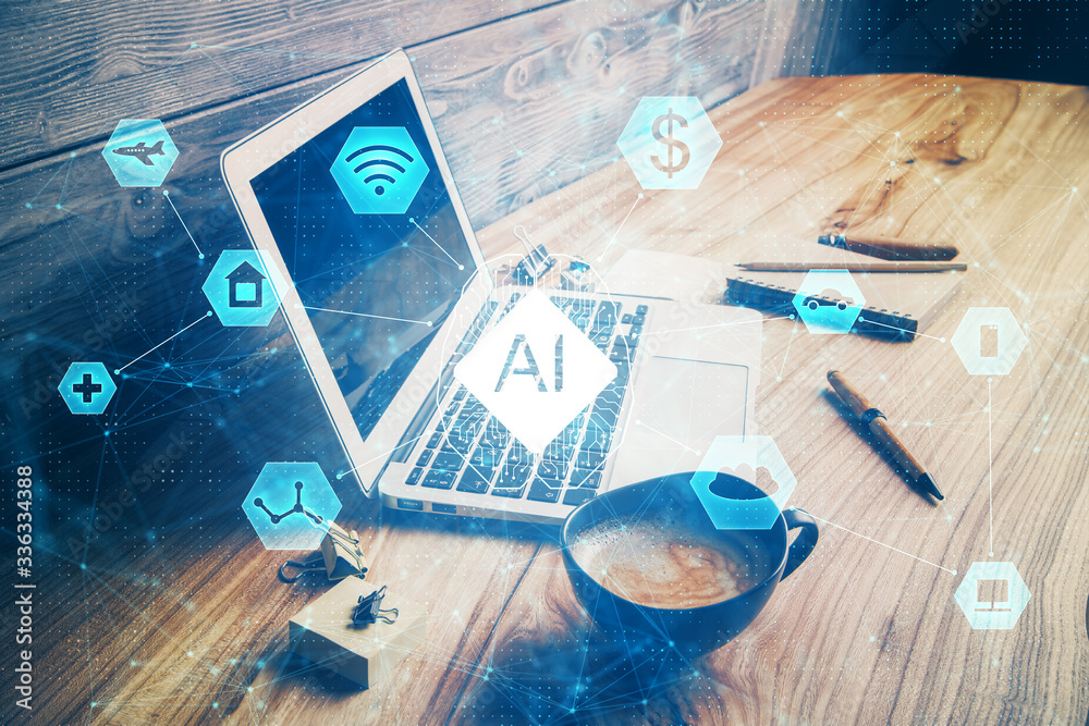 Double exposure of desktop with personal computer on background and tech theme drawing. Concept of data analysis. Double exposure of desktop with personal computer on background and tech theme drawing. Concept of data analysis.