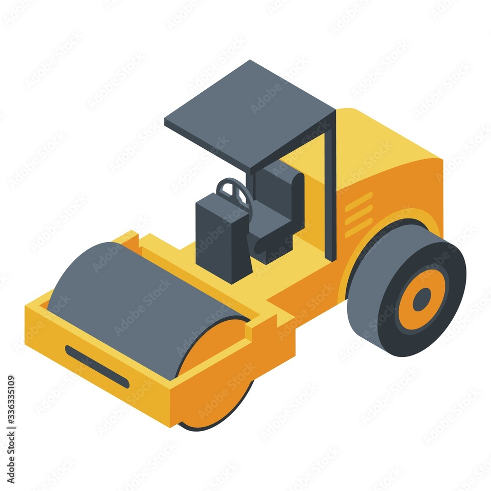 Steamroller machine icon. Isometric of steamroller machine vector icon for web design isolated on white background Steamroller machine icon. Isometric of steamroller machine vector icon for web design isolated on white background