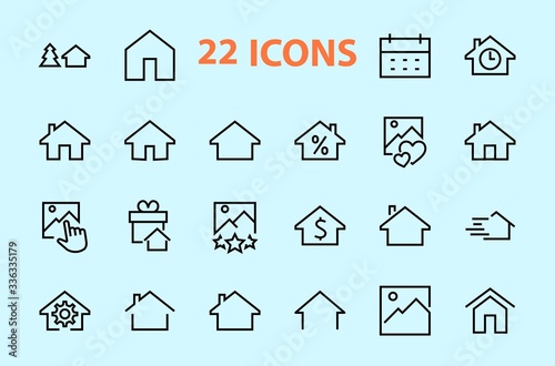 Simple set of line vector home icons. Contains house symbols at interest, infuse house and more. Editable stroke. 480x480 pixels perfect