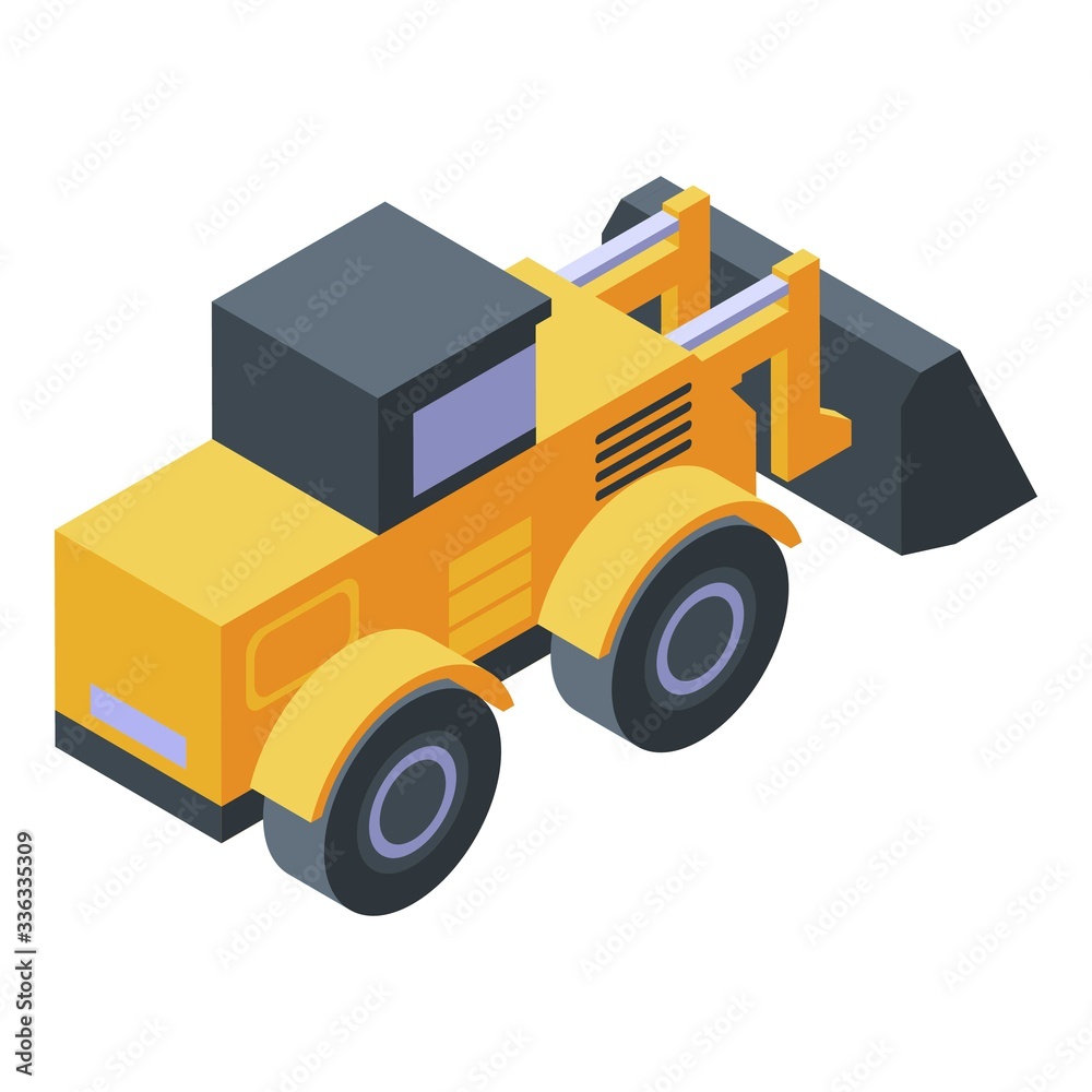 Wheeled bulldozer icon. Isometric of wheeled bulldozer vector icon for web design isolated on white background Wheeled bulldozer icon. Isometric of wheeled bulldozer vector icon for web design isolated on white background