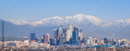 Photography Downtown Los Angeles from Afar with Snowy San Gabriel Mountains - Panorama
