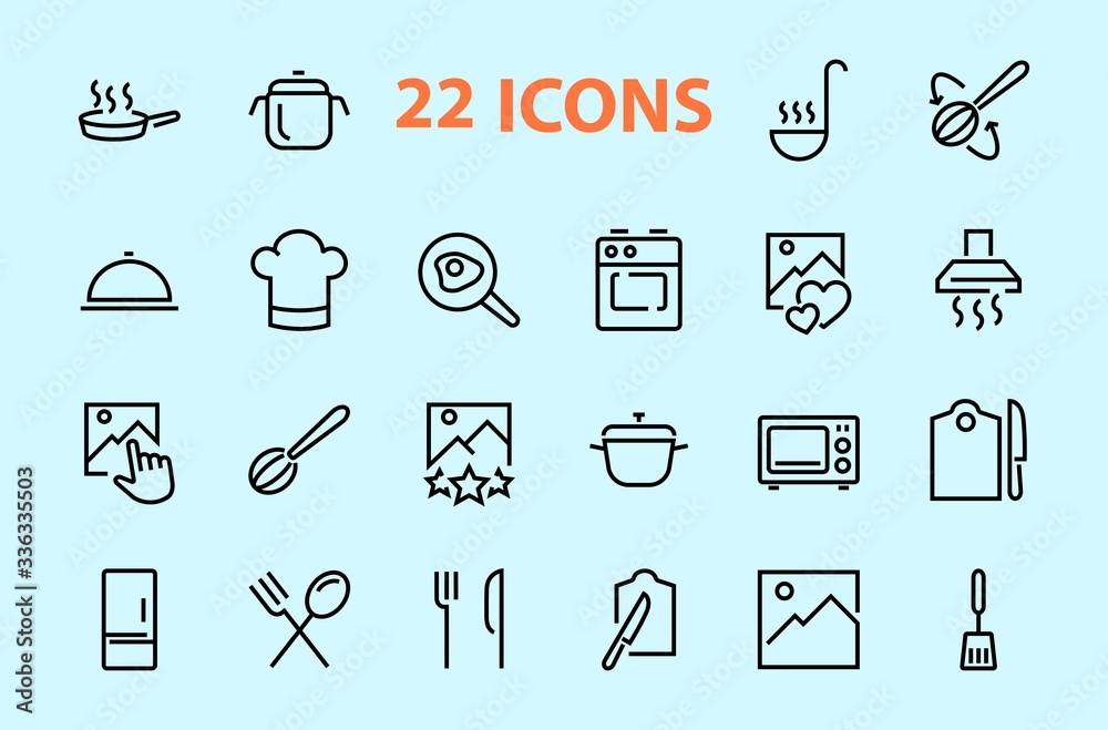 Set of cooking and kitchen icons, Vector lines, contains icons such as frying pan, frying, microwave, fork with spoon, Editable stroke, perfect 480x480 pixels, white background. Set of cooking and kitchen icons, Vector lines, contains icons such as frying pan, frying, microwave, fork with spoon, Editable stroke, perfect 480x480 pixels, white background.