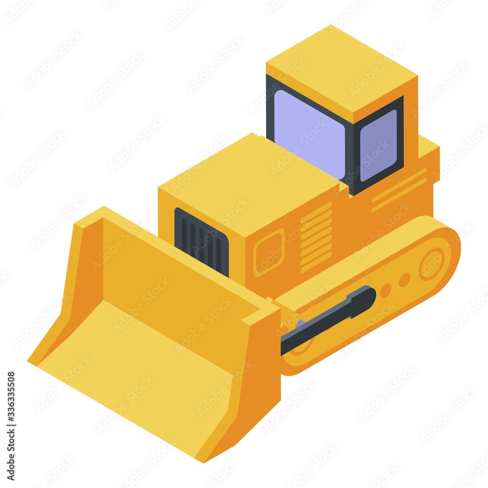 Yellow tractor bulldozer icon. Isometric of yellow tractor bulldozer vector icon for web design isolated on white background Yellow tractor bulldozer icon. Isometric of yellow tractor bulldozer vector icon for web design isolated on white background