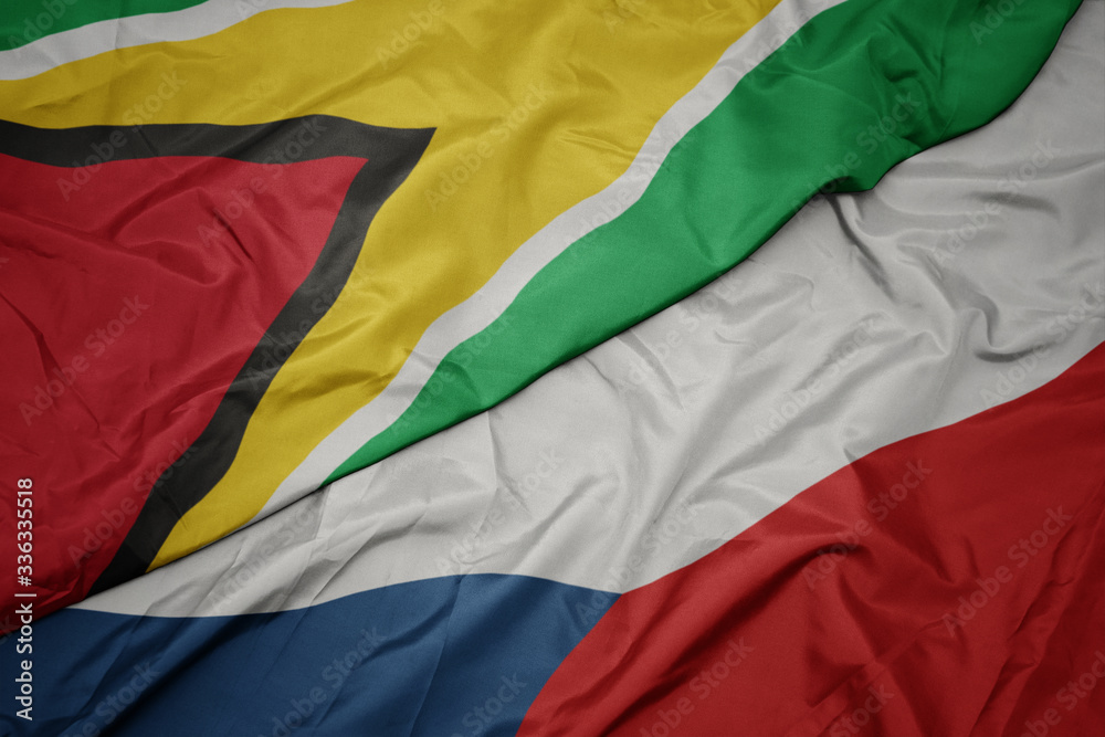 waving colorful flag of czech republic and national flag of guyana.