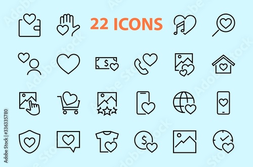  The set of icons about love contains such icons as love of music, declaration of love, heart, favorite home, Linear set. Vector on a white background. Editable stroke. 480x480