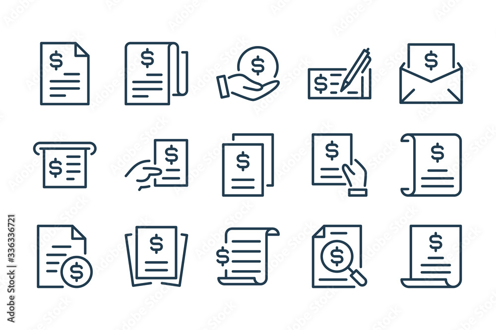 Invoice, Offer and Contract line icons. Financial Document, Payment Bill and Receipt vector icon set. Invoice, Offer and Contract line icons. Financial Document, Payment Bill and Receipt vector icon set.