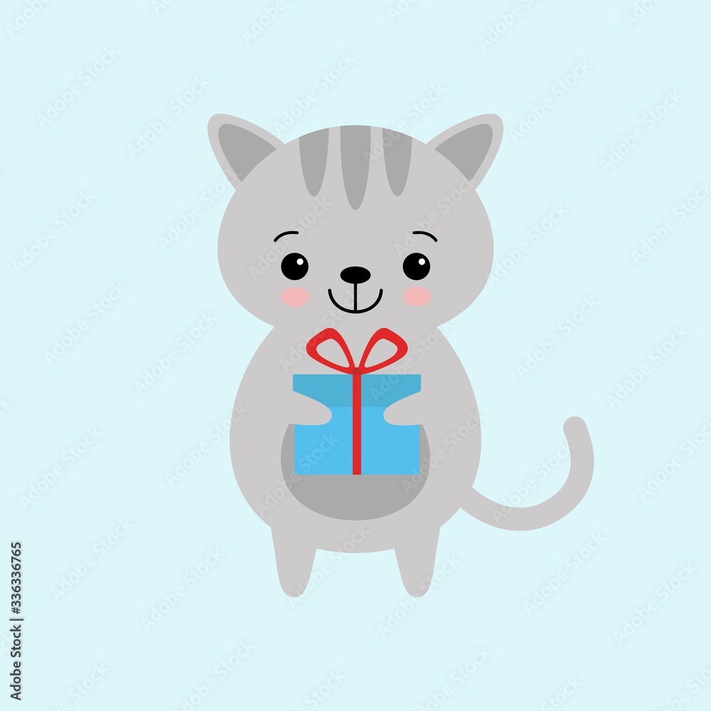 Fototapeta premium Kawaii gray cat with gift box, vector illustration