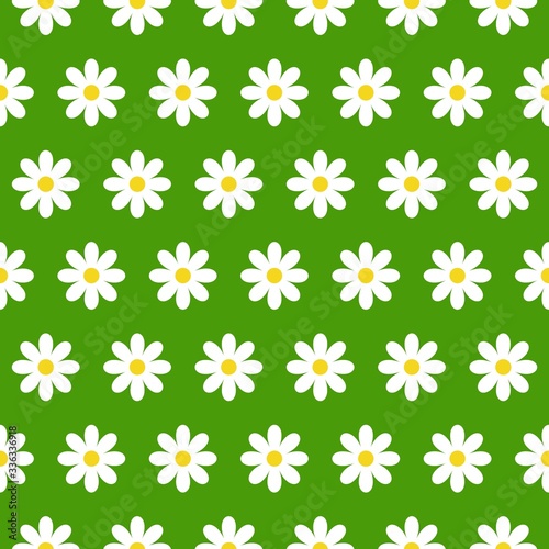 Fototapeta Naklejka Na Ścianę i Meble -  Vector seamless pattern with chamomile on green background. Can used for printing brochure, web, banner, poster, party, vintage textile design, card.