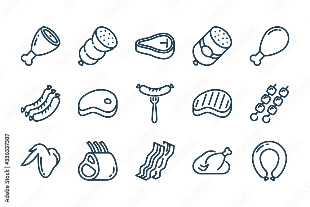 Meat and sausage related line icon set. Steak and Barbecue vector outline icons. - obrazy, fototapety, plakaty 