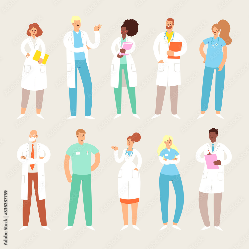 Set of various male and female medicine workers. Group of hospital medical specialists standing together: doctor, surgeon, physician, paramedic, nurse and other staff. Cartoon vector characters Set of various male and female medicine workers. Group of hospital medical specialists standing together: doctor, surgeon, physician, paramedic, nurse and other staff. Cartoon vector characters