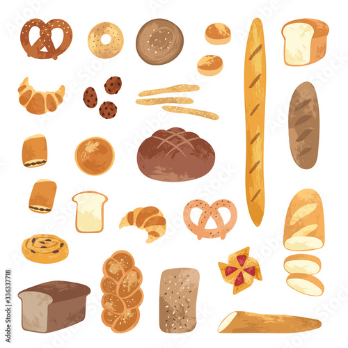 Set of different types, shapes and sizes of breads and homemade baked products: croissant, loaf, bun, baguette, toast, pretzel. Bakery goods set use for cooking books, restaurant menu, posters, labels