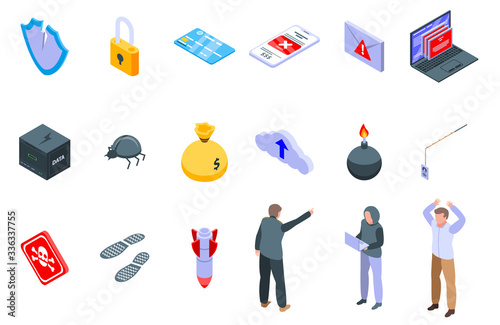Fraud icons set. Isometric set of fraud vector icons for web design isolated on white background