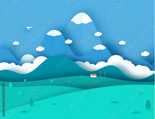 Ecology concept and nature landscape scenery with house  airplane and mountains paper art style design.teamplate for cards. Vector illustration.