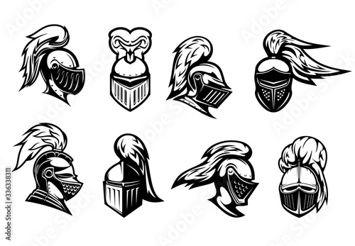 Knight in helmet armor, spartan warrior head, vector heraldic icons. Medieval warrior knight in armour helmet with visor and plumage, heraldry symbols