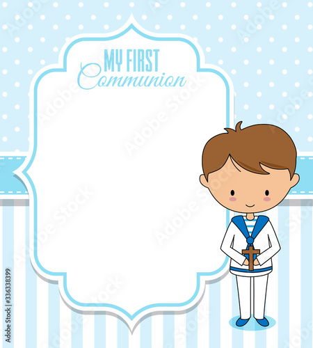 First communion card. Boy next to frame with blank space
