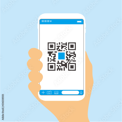 Qr code payment , online shopping , cashless technology concept. Coffee shop accepted digital pay without money , plastic tag on table and hand using mobile phone application to scan qr code.