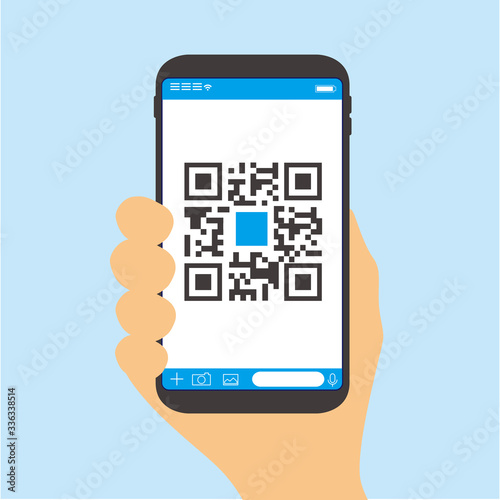 Qr code payment , online shopping , cashless technology concept. Coffee shop accepted digital pay without money , plastic tag on table and hand using mobile phone application to scan qr code.