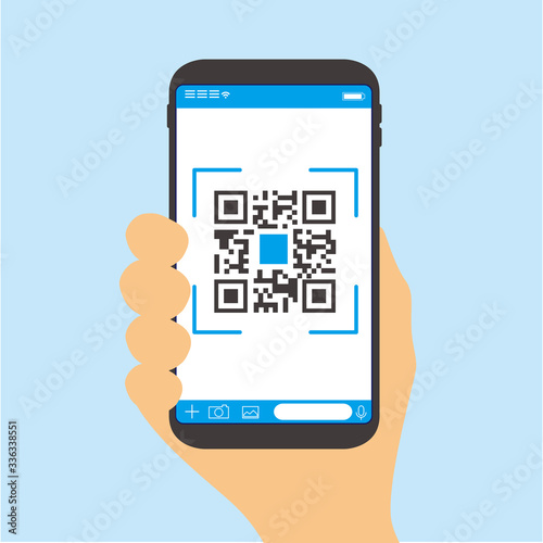 Qr code payment , online shopping , cashless technology concept. Coffee shop accepted digital pay without money , plastic tag on table and hand using mobile phone application to scan qr code.