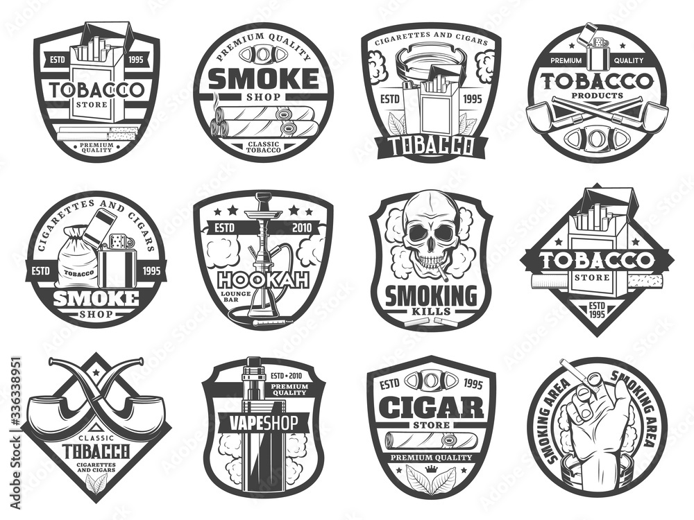 Tobacco smoking vector icons with cigarettes, cigars and smoke pipes, hookah and vape. Cigarette boxes, skull smoker and ashtray, matches, lighter and cigar cutter monochrome badges