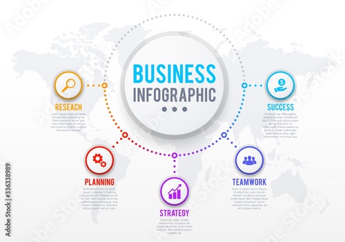 Business infographics template of step chart or process graph. Vector presentation diagram with world map, options and text layouts, business flow chart or data report design