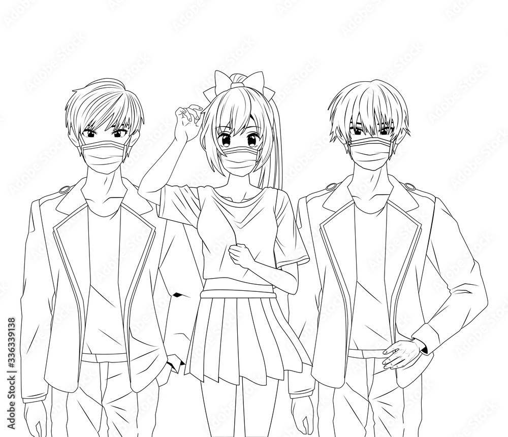 young people using face masks anime characters